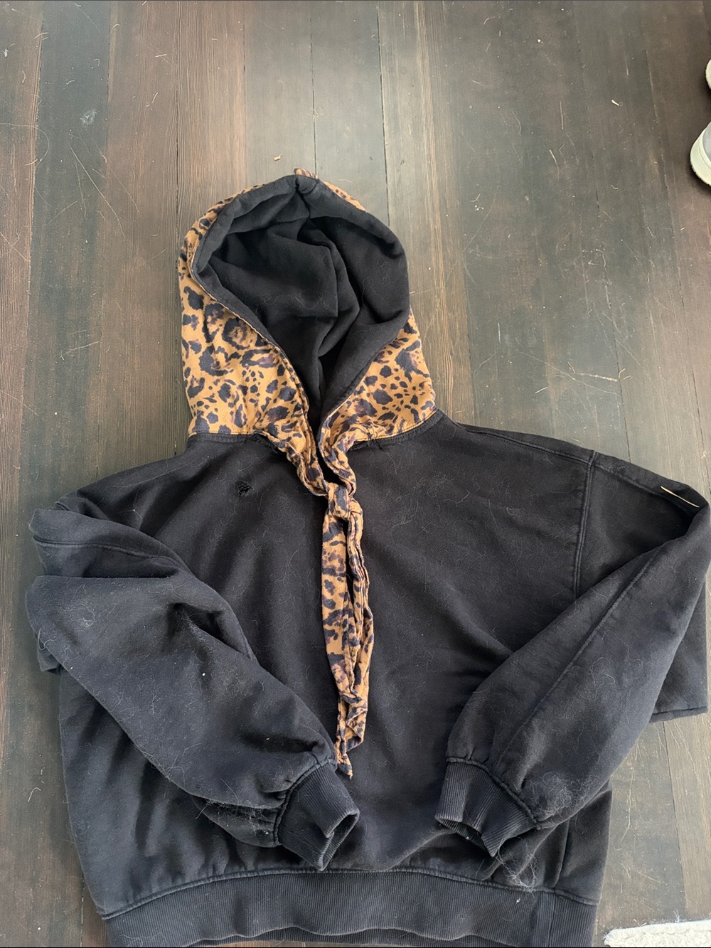 Free People Black Hoodie with Leopard-Print Lined Hood